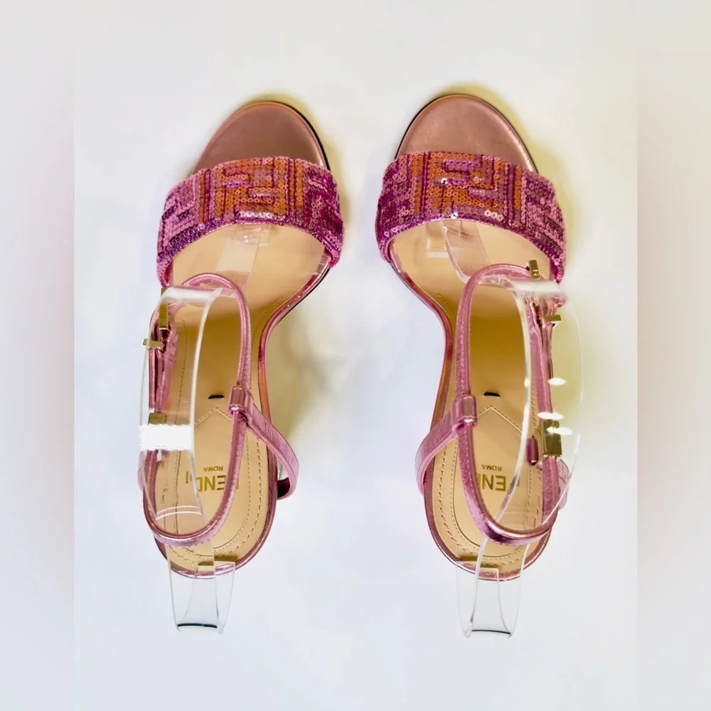 Fendi Delfina Heel Strap Sandals Pink Metallic Goat Leather FF Sequin Size 37 - Picture 14 of 16